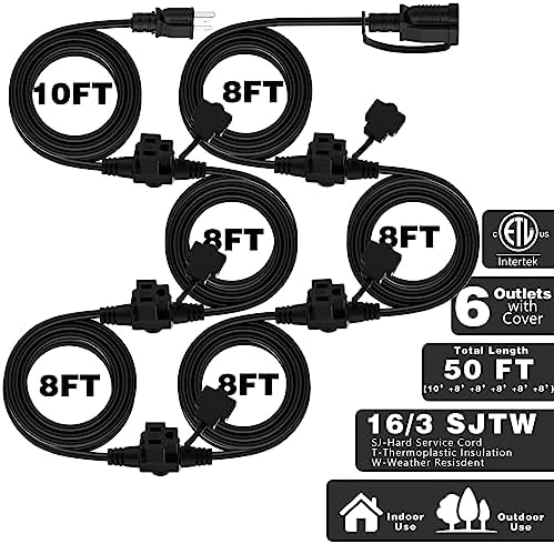 K KASONIC Outdoor Extension Cord 50 FT, Evenly Spaced 6 Outlets, Black