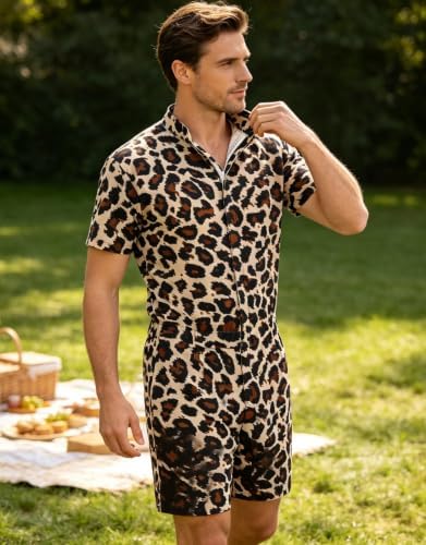 RAISEVERN Mens Romper Male Zipper Shorts Sleeve One Piece Bro Outfits