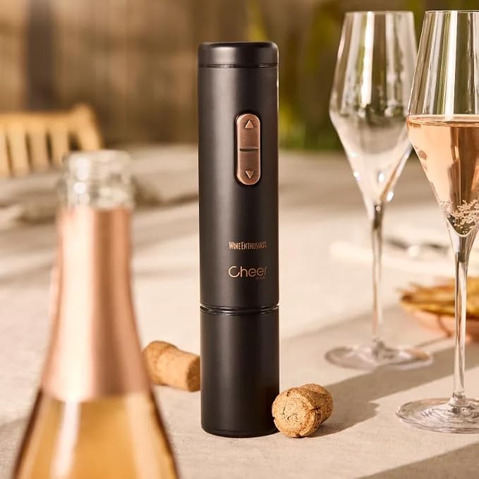 Wine Enthusiast x Cheer Moda Electric Sparkling Wine Opener – Automatic Champagne Bottle Opener with Cork Release & Stopper – Stainless Steel Electric Wine Tool – Battery Powered – U.S. Exclusive
