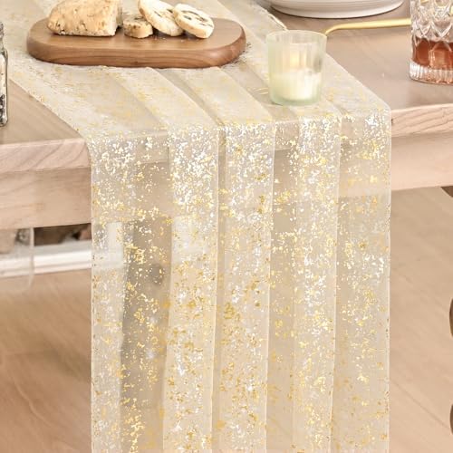 Artoid Mode Gold Gauze Champagne Table Runner 120 Inch 10FT, Glitter Metallic Foil Sheer Dining Wedding Anniversary Holiday Birthday Table Decor for Home Party
