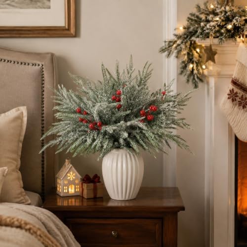 Watayo 35 Pcs Christmas Snow Norfolk Pine Branches with Red Berry Stems