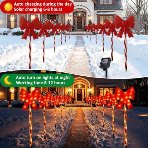 Outdoor Christmas Decorations Solar Pathway Lights, Set of 5 Red Bow Candy Stake Lights, Waterproof Solar Christmas Lights for Holiday Display Yard Garden Lawn Winter Party Xmas Decor