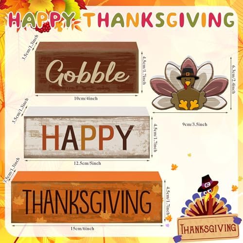 Lineshading 4 Pcs Thanksgiving Table Decoration, Turkey Wooden Block Signs