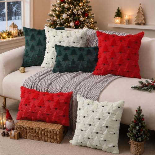 Allorry Christmas Pillow Covers 18x18 inch Set of 2 Christmas Decorations Soft Plush Faux Fur Wool Cream White Christmas Tree Throw Pillow Cases Winter Holiday Decor for Sofa Living Room PT-002D18