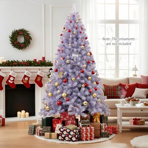 HAPPYGRILL 7.5 FT Pre-lit Tinsel Christmas Tree Artificial Xmas Tree with 550 LED Lights, 8 Modes, 1300 Lavender Purple Branch Tips, Folding Metal Stand, Seasonal Holiday Tree for Home Office Party