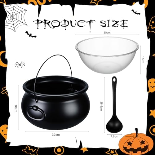 LemonRoad 3 Pcs Halloween Cauldron 12.6 Inch with Ladle Black Plastic Bowl