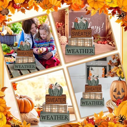 Moucuny 4 Pcs Fall Table Decor Neutral Sage Green Pumpkin Wooden Sign