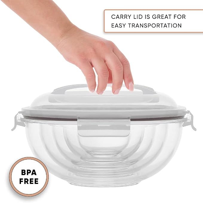JoyJolt Kitchen Mixing Bowls. 5pc Glass Bowls with Lids Set – Neat Nesting Bowls. Large Mixing Bowl Set incl Batter Bowl, Cooking Bowls, Storage Bowls with Lids and Big Salad Bowl with BPA-Free Lids