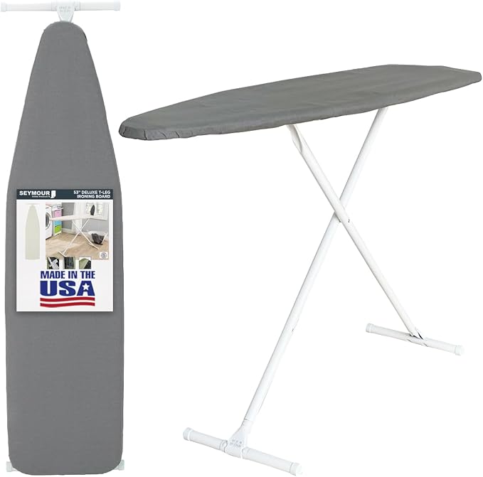 Full Size Ironing Board with Cover & Pad – Made in USA by Seymour Home Products Adjustable Steel T-Legs, 35" High Perforated Top for Steam Durable Iron Board for Home, Laundry Room (Grey)