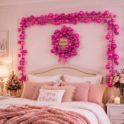 2 Pcs 6 ft Christmas Ball Ornament Garland, Hot Pink