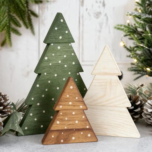 DAZONGE Christmas Decor, Set of 3 Wooden Tabletop Christmas Tree Decorations Sign, Farmhouse Neutral Freestanding X-mas Tree for Home Mantel Shelf Office