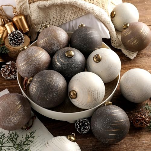 Yunlly 12 Pcs Neutral Christmas Ornament, Bronze Taupe Ivory, 4‘’