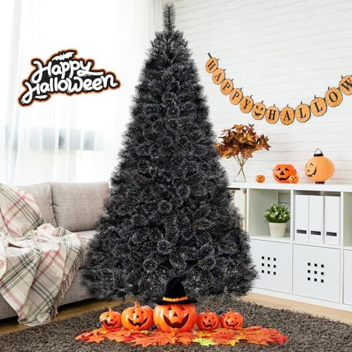 HAPPYGRILL 8 FT Pre-lit Black Christmas Tree, Artificial Halloween Tree w/860 Branch Tips, Frosted Pine Needles, 450 White LED Lights, Folding Metal Stand & Gloves, Hinged Xmas Tree for Carnival