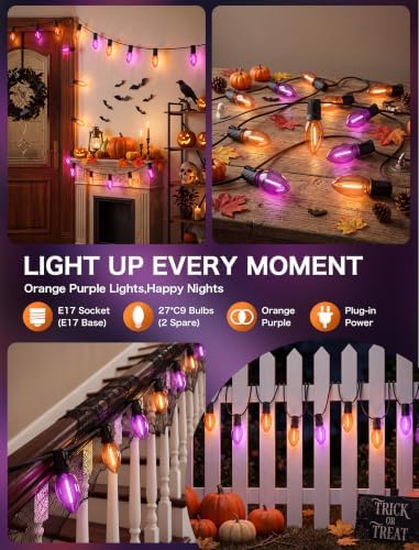 SUNSGNE 25FT C9 LED Halloween Lights Outdoor, 25 Orange and Purple Lights