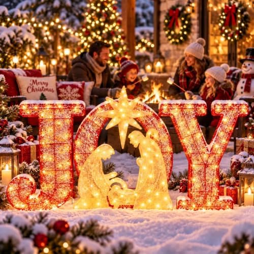 Christmas Lighted Joy Sign Decoration with Timer&Remote Control(Red/Gold)