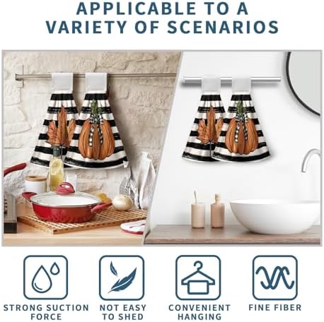 Fall Pumpkin Maple Leaves Kitchen Towels with Hanging Loop Autumn Thanksgiving Stripe Hand Tie Towels Soft Absorbent Fingertip Bath Towel Oven Stove Dish Washcloths Set of 2