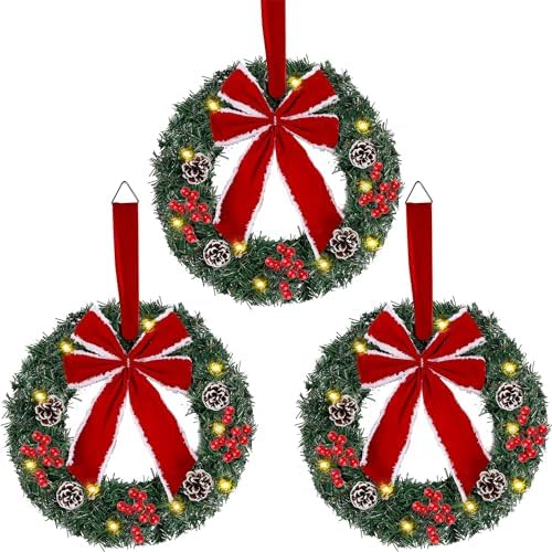 Hausse Set of 3 Christmas Wreaths, Lighted Artificial Christmas Wreath with Large Red Bow & Ornaments, Battery Operated with LED Lights, for Front Door Gate Wall Christmas Party Decorations