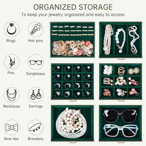 AKOZLIN 6-Tier Jewelry Box Organizer 5 Drawers Storage Medium Dark Green