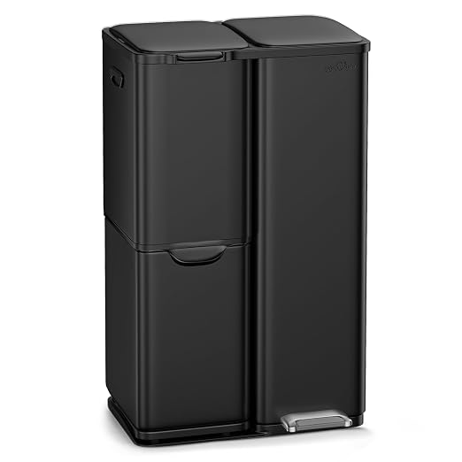 mVm 3 Compartment Kitchen Trash Can, 16 Gal Black Triple Trash Can, Heavy Duty Stainless Steel Garbage Can Anti Fingerprint Recycling Bin for Office