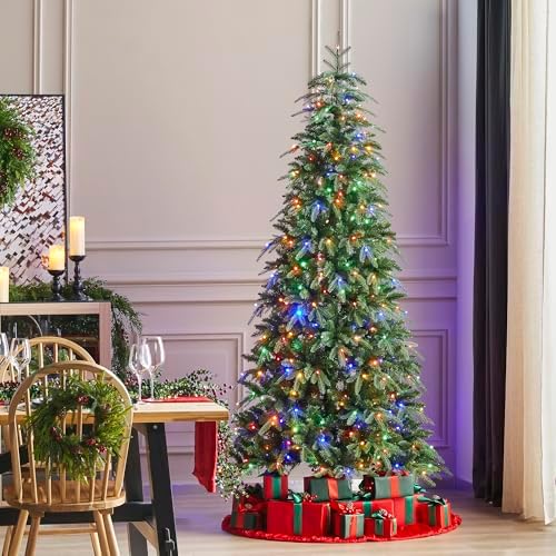 Glitzhome Prelit Christmas Tree, 7.5ft Slim Christmas Tree, Hinged Artificial Tree Radiant Evergreen Fir with 400 Warm White/Multi-Color LED Lights,9 Function,w/Remote Control,Easy Assembly