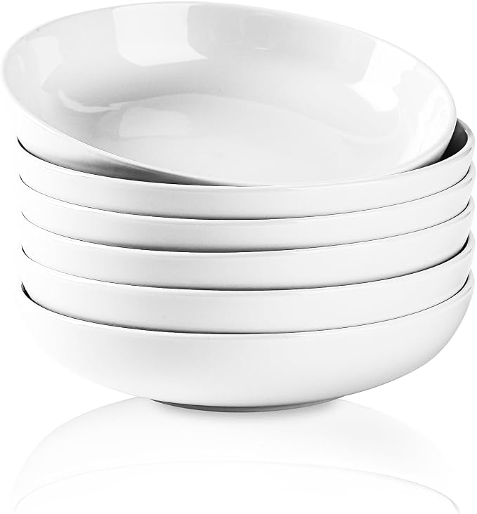 Selamica Porcelain 8.6 inch Salad Pasta Bowls, 34 OZ Bowls Plates, Wide and Shallow Serving bowls, Microwave & Dishwasher Safe, Sturdy & Stackable, Set of 6(White)