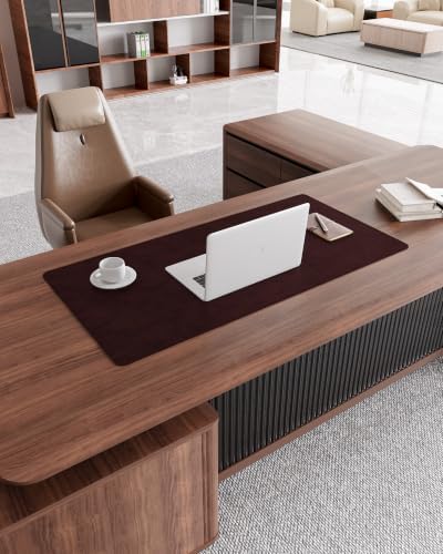 YSAGi Genuine Leather Desk Mat, 31.5"x15.8"Office Desk Pad, Thick Desk Pad Mat with Stitched Line, Non-Slip Desk Mat with Rubber Base (Red Brown, 31.5"x15.8")