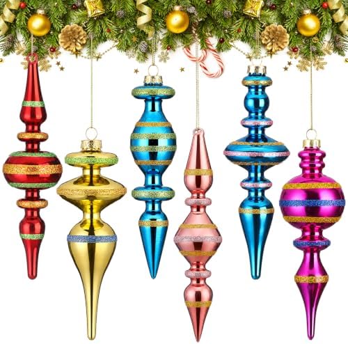 Soulchen 6 Pcs Vintage Glass Finial Christmas Ornaments Charming 6-6.8 Inch