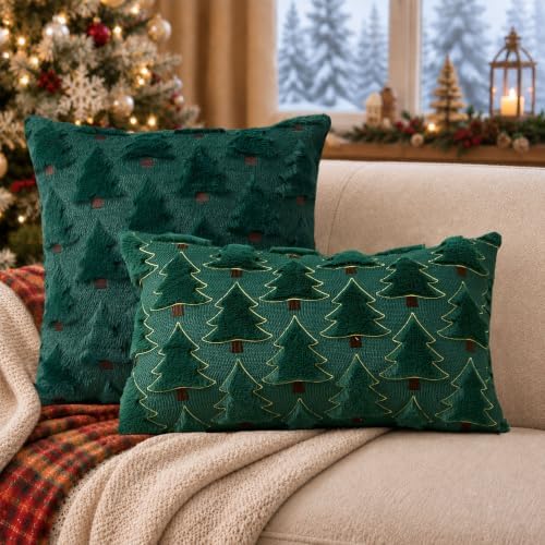 Allorry Christmas Pillow Covers 12x20 inch Set of 2 Christmas Decorations Soft Plush Faux Fur Wool Green Christmas Tree Throw Pillow Cases Winter Holiday Decor for Sofa Living Room PT-012A12