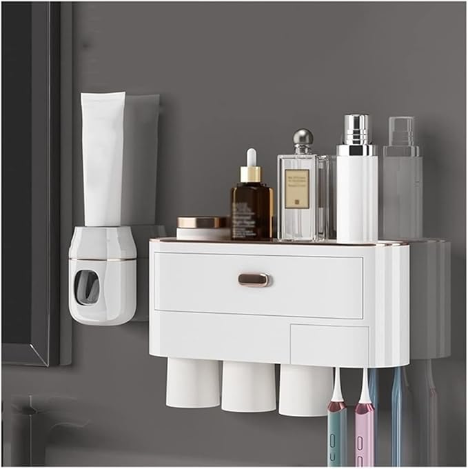 Toothbrush Rack Wall-Mounted Toothbrush Holder Punch-Free Multifunctional Storage Rack with Mouthwash Cup Toothpaste Squeezer Kit Bathroom Toothbrush Holder(B,Medium)