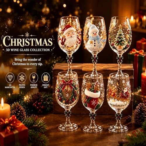 Christmas 3D Wine Glass Collection Gift Box Set, 3D Christmas Wine Glasses,Raised Holiday Goblet with Snowflake Decor,Festive Glassware,Holiday Party Decor,Wines & Cocktails,Table Decor (1pcs D)