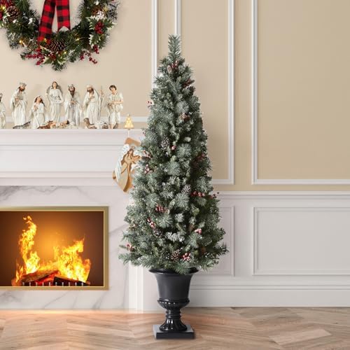 Glitzhome Artificial Christmas Tree, 6 FT Pre-Lit Frosted Pine Cones and Red Berries Christmas Porch Tree with 200 Warm White Lights for Indoor Porch of Home and Office