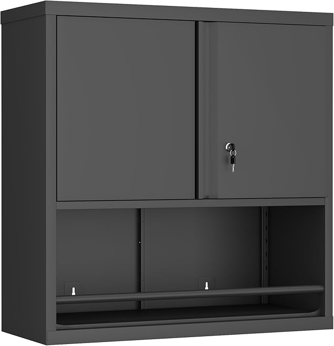 GREATMEET 31" H Metal Garage Storage Cabinets with Doors and Shelves, Lockable Storage Cabinet with Lock, Black Hanging Cabinets for Wall, Wall Mount Cabinet for Utility Room