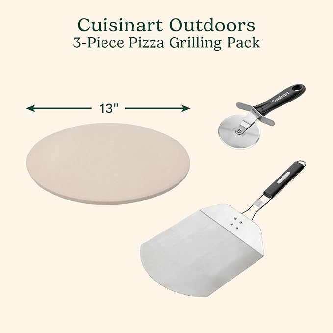 Cuisinart 3 Piece Pizza Grilling Pack, 13” Round Pizza Stone for Grill with Cutter and Foldable Stainless Steel Peel, Complete Set to Build Your Own Pizzas at Home