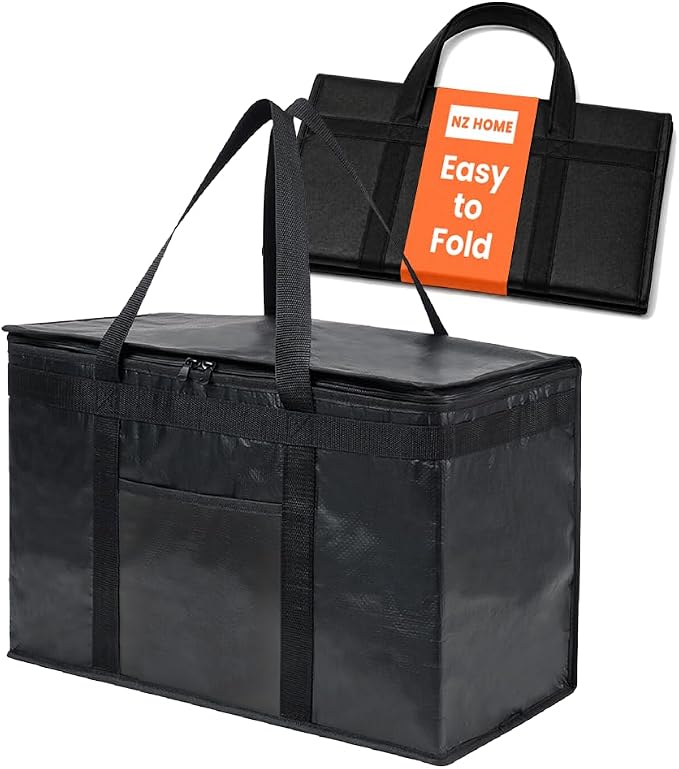 PRO Large Insulated Food Delivery Bag (2XL, Black, 1 Pack) | Thermal bag, For cold & hot food, Water-resistant, Portable cooler, Soft sided catering tote, Grocery bag with zippered top