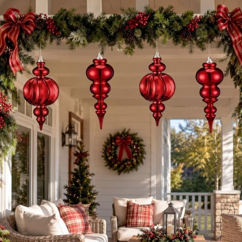 4 Pcs Large Christmas Finial Porch Ornaments 10.3 Inch Red Finial Decor
