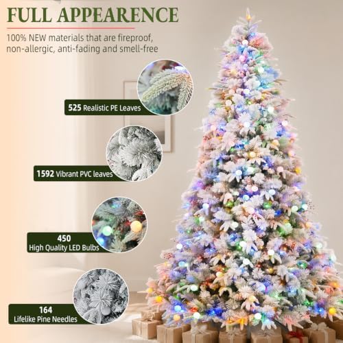 Hykolity 7.5 ft Prelit Flocked Christmas Tree, 450 Multicolor LED Lights, Artificial Christmas Pine Tree with Red Berries, 1608 PE&PVC Branch Tips, Metal Stand and Hinged Branches, 10 Modes