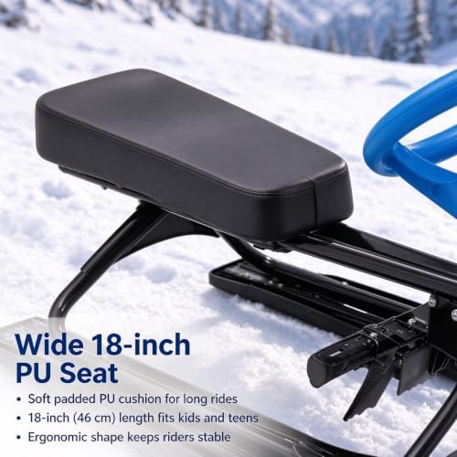 Snow Racer Sled 220.5lb Capacity Ice Skating Equipment, Ski Sled Slider Board for Kids & Adults, Snow Sled for Kids with Flexible Steering Wheel, Two Serrated Brakes, 18" Seat