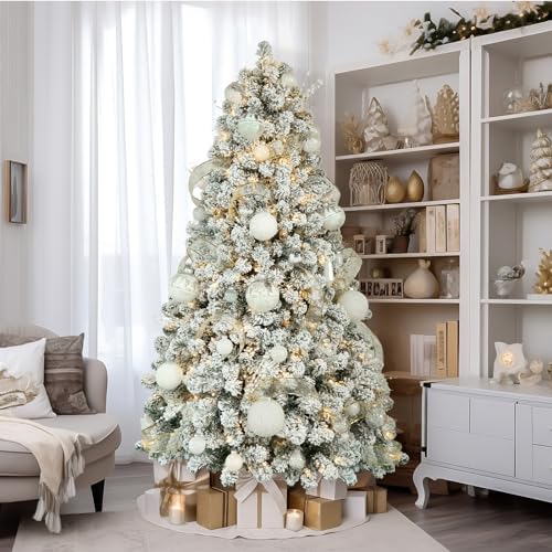 SHareconn 6.5ft Snow Flocked Spruce Pre-lit Artificial Christmas Tree,White