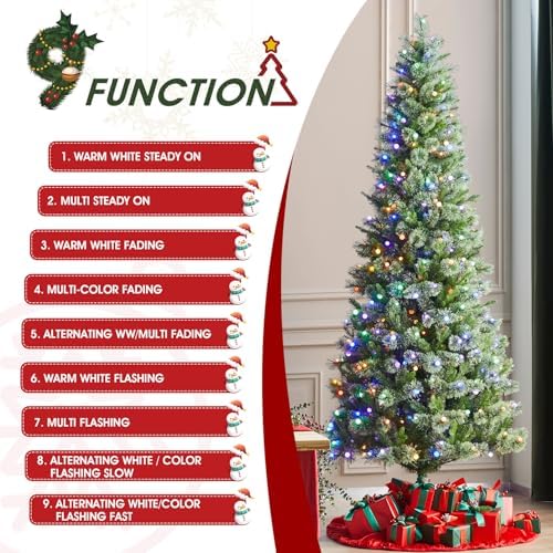 Glitzhome Prelit Christmas Tree, 9ft Artificial Christmas Tree Green Charming Cashmere Slim Pine with 450 Warm White and Multi-Color Globe LED Lights, 9 Function w/Foot Pedal and Remote Control