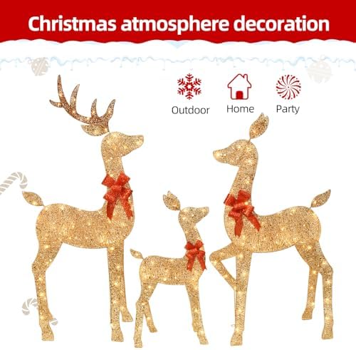 HOYECHI 5 FT Oversized Christmas Decorations Outdoor Lighted Reindeer – 3-Piece 2D Deer Family Set with 160 Warm White LED Lights for Yard, Lawn, Garden & Porch Holiday Display - Gold