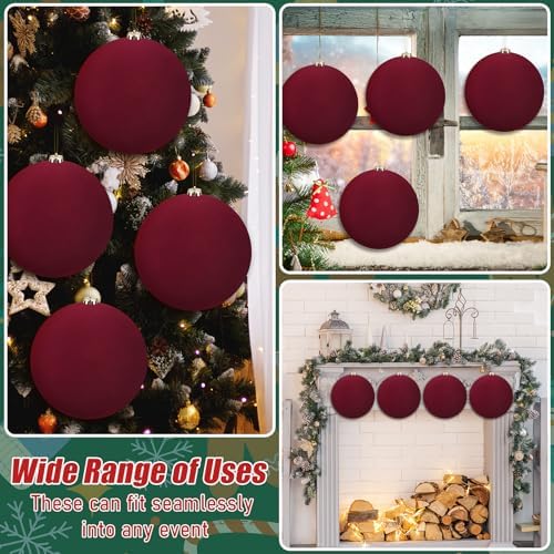 Hollowfly 12 Pcs 8 Inch Extra Large Velvet Christmas Balls Oversized Huge Big Christmas Tree Ornaments Balls for Family Holiday Xmas Tree Hanging (Red)