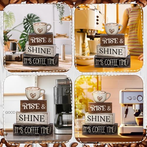Moucuny 4 Pcs Farmhouse Coffee Bar Sign Decor Wooden It's Coffee Time Sign