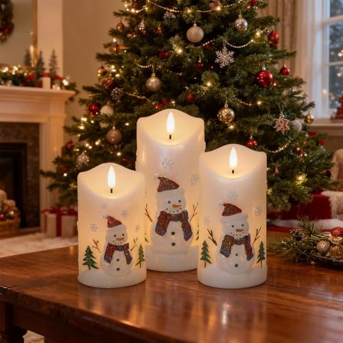 Snowman Carved Flameless Candle Battery Operated with Remote Timer