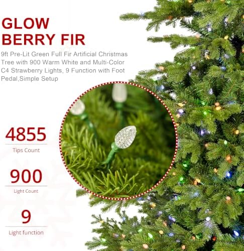 Glitzhome 9ft Prelit Artificial Christmas Tree, Full Realistic Green Glow Berry Fir Xmas Tree with 900 Warm White and Multi-Color Lights, 9 Functions with Foot Pedal, Simple Setup for Holiday Decor