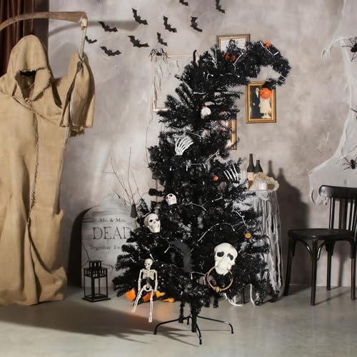 Daifunli 6 ft Black Christmas Tree with Light - Prelit Halloween Crooked Neck Christmas Tree Artificial for Xmas Holiday Party Indoor Outdoor Decoration