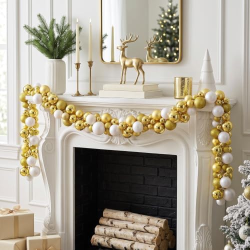 2 Pcs 6 ft Christmas Ball Ornament Garland, Mixed Gold, White