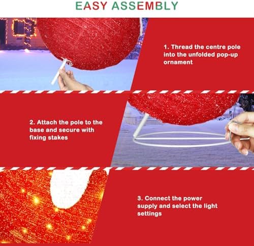 3 Pcs Outdoor Christmas Ornaments, Lighted Pop-Up Holiday Ball Decoration with 240 LED Lights, 8 Light Functions, Lighted Collapsible Christmas Outdoor Decorations for Yard, Patio, Home
