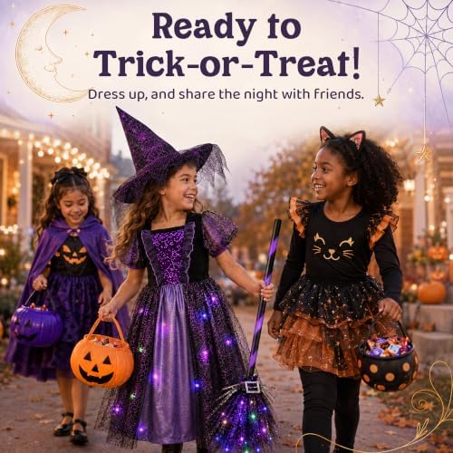Meland Witch Costume for Girls, Light up Halloween Costumes Aged 3-10