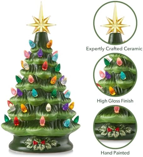 Casafield Hand Painted Ceramic Christmas Tree, Green 12-Inch Pre-Lit Tree with 100 Multi Color Lights and 2 Star Toppers