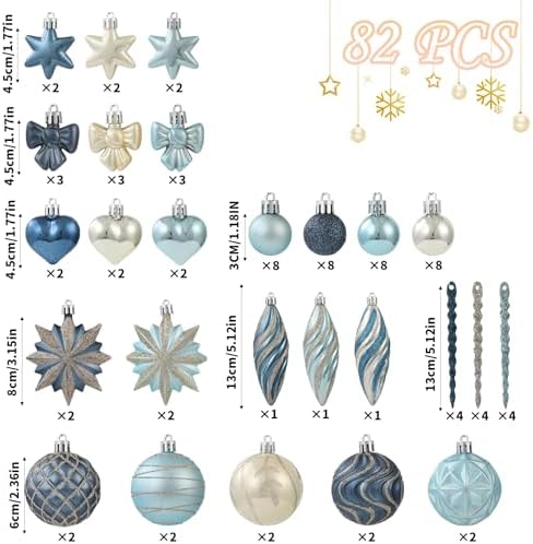 82Pcs Blue and Gold Christmas Ornaments Set, Plastic Assorted Christmas Decorations for Tree Shatterproof Baubles Snowflake Xmas Ball Ornaments for Holiday Decor (Blue&Gold)